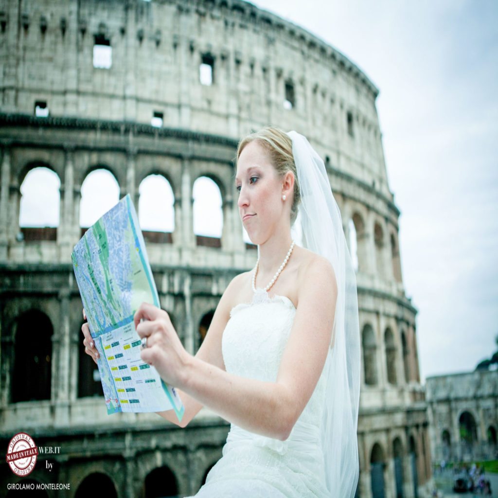 photo bride lost in rome coliseum with map