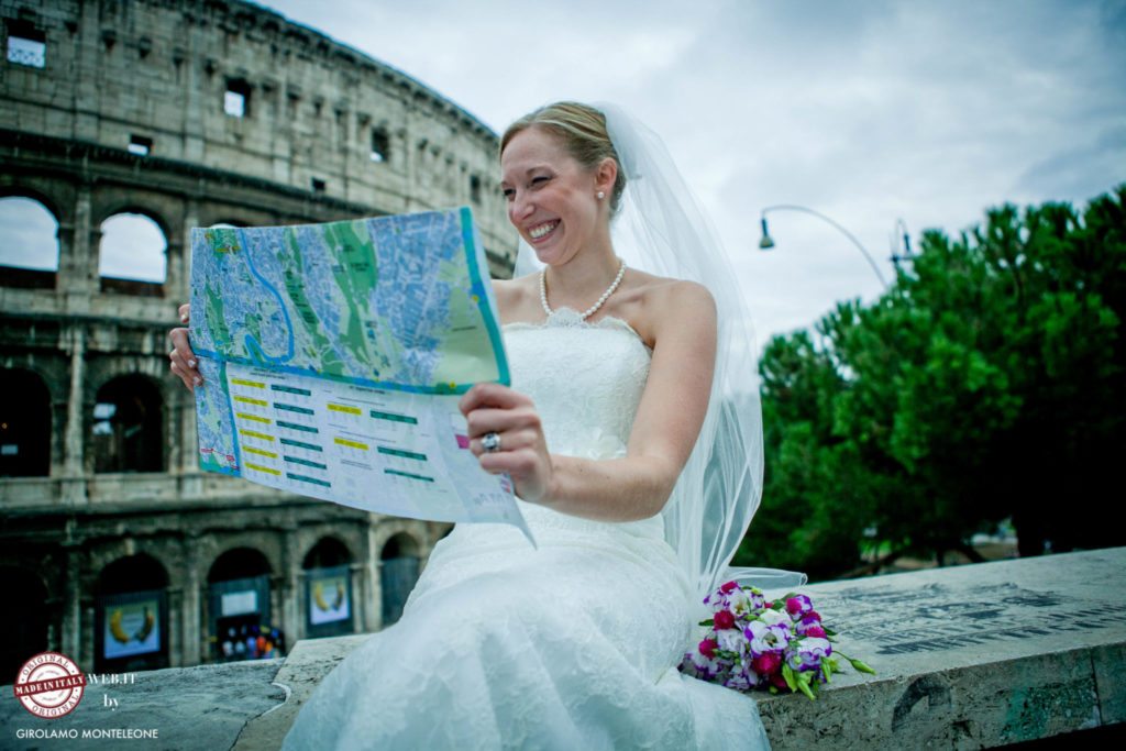 photo bride lost in rome coliseum with map